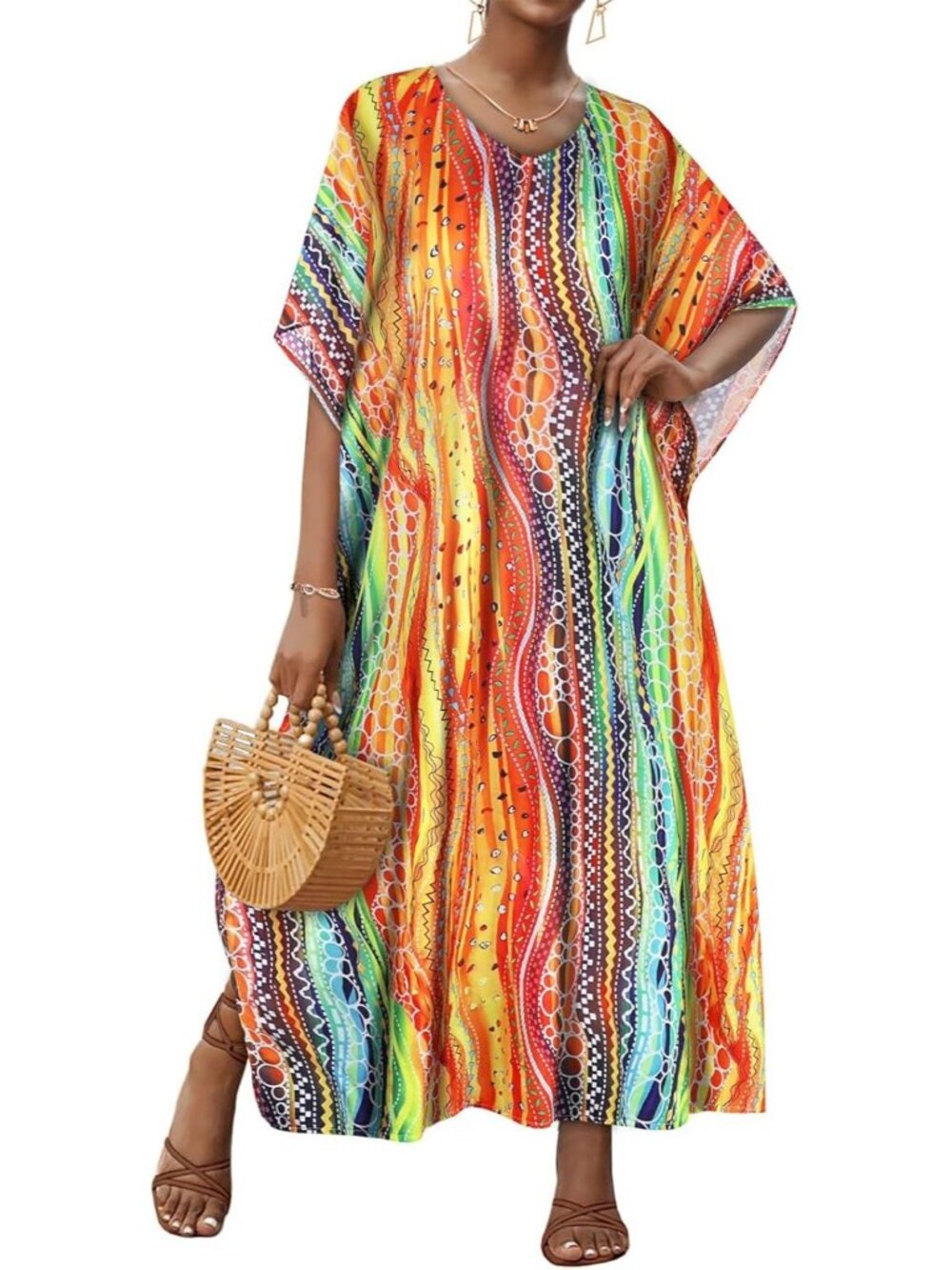 Women's Colourful Plus Size V Neck Caftan Long Batwing Swimsuit Sleeve Cover Up